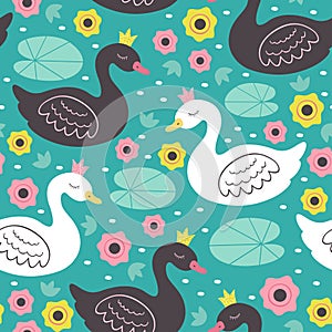 Seamless pattern with white and black princess swan