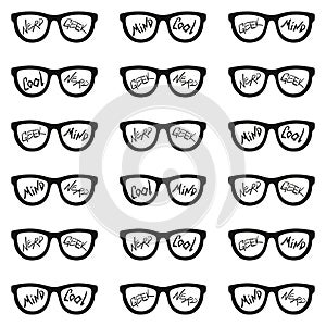 Set. Seamless pattern with glasses and inscriptions: nerd, cool, mind, geek. Vector illustration