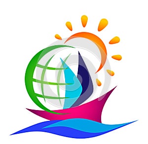 Globe world Boat ship sun sea water wave logo icon vector illustrations on white background