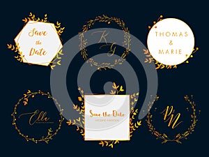 Wedding invitation floral wreath minimal design. Vector template with flourishes ornament elements