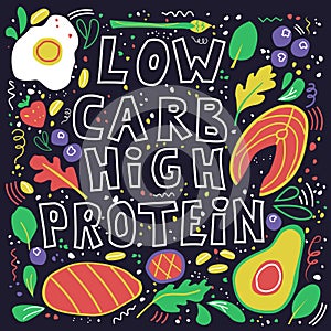 Low carb high protein. Keto diet food flat hand drawn vector illustration.