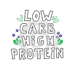 Low carb high protein. Keto diet food flat hand drawn vector illustration.