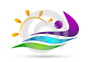 People sun sea wave water wave winning swimming logo team work celebration wellness icon vector designs on white background