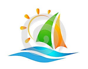 Boat ship sea sun water wave logo icon vector illustrations on white background