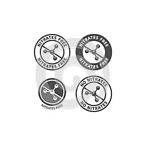 Nitrate free and no nitrates ingredient circle label icon set.