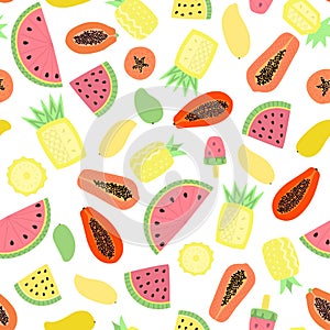 Light seamless pattern with different tropical fruits.