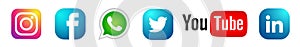 Set of popular social media logos icons Instagram Facebook Twitter Youtube WhatsApp linkedin element vector on white background