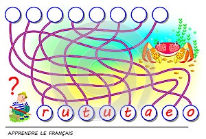 Learn French. Logic puzzle game with cute crab for study French language. Find the correct places for letters, write them in relev
