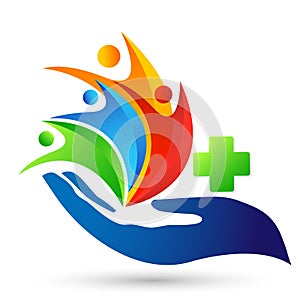 Globe medical health hand care cross people healthy life care logo design icon on white background
