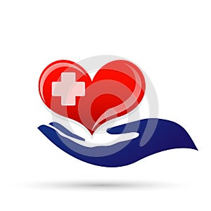 Heart care medical healthy heart hand taking care people heart icon element vector logo on white background