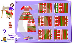 Logic puzzle game for kids. Help the dressmaker finish sewing the dress. Find a suitable piece of cloth to cut. photo