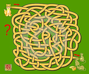 Logic puzzle game with labyrinth for children. Help the cat find the way till the mice. Printable worksheet for brainteaser book. photo