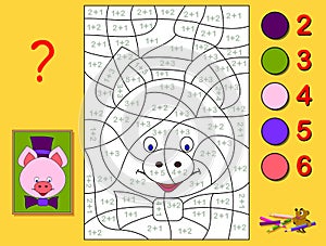 Educational page with exercises for children on addition. Need to solve examples and paint the portrait of a piglet. photo