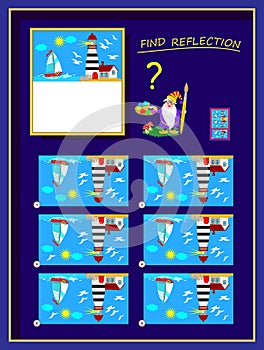 Logic puzzle game for smartest. Help the artist finish the picture, find correct reflection and draw it. photo