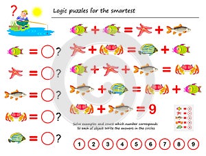 Mathematical logic puzzle game for smartest. Solve examples and count the value of each fish. Write the numbers in circles. photo