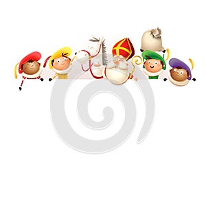 Sinterklaas his horse Amerigo and helpers on board - happy cute characters celebrate Dutch holiday - vector illustration isolated