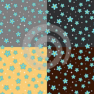 Vector set of seamless patterns of light blue flowers