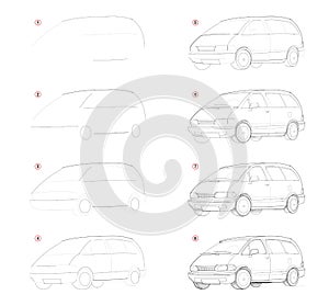 How create step by step pencil drawing. Page shows how to learn successively draw c passenger car. photo