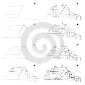 How create step by step pencil drawing. Page shows how to learn successively draw cute country house.
