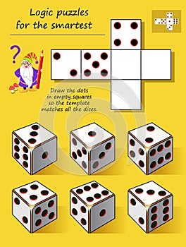Logic puzzle game for smartest. Draw the dots in empty squares so the template matches all the dices. photo