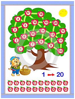 Educational page for baby book. Help the bear collect apples. Draw the line between numbers 1 till 20 consistently. photo