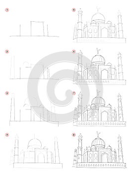 Creation step by step pencil drawing. Page shows how learn to draw fantastic Asian eastern fairyland castle. photo
