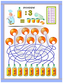 Exercises for kids with division table by number 3. Solve examples and write answers on oranges. photo