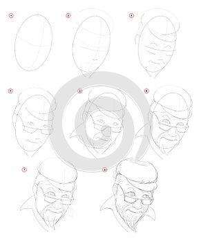 How create step by step pencil drawing. Page shows how to learn successively draw imaginary portrait of old man. photo