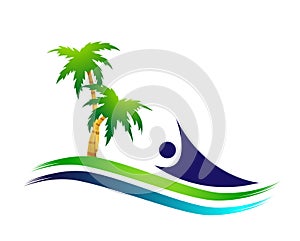 People palm tree sea wave water wave winning swimming logo team work celebration wellness icon vector designs on white background