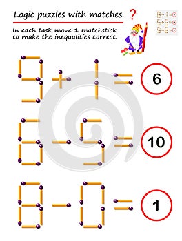 Logical puzzle game with matches. In each task move 1 matchstick to make the inequalities correct.