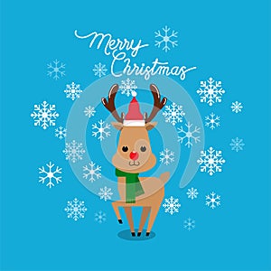 Vector holiday Christmas greeting card with cartoon red nose reindeer, snow flakes