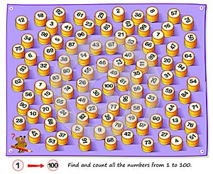 Logic puzzle game for smartest. Find and count all the numbers from 1 to 100. Task for attentiveness. photo