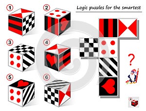 Logic puzzle game for smartest. Need to find the cube which matches to the template. Printable page for brainteaser book. photo