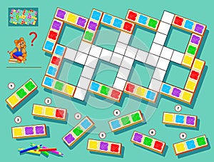 Logic puzzle game for children and adults. Find correct places for remaining blocks and paint white squares. photo