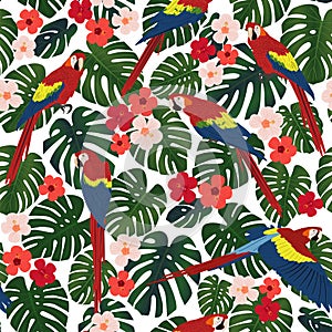 Seamless tropical pattern, monstera leaves, red ara parrots on a white background.