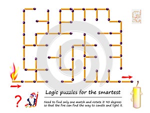 Logical puzzle game with labyrinth for children. Need to find only one match and rotate it 90 degrees. photo