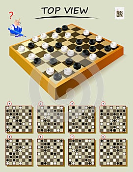 Logic puzzle game for smartest. Need to find correct top view of checkerboard. Printable page for brain teaser book. photo