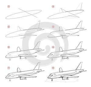 Creation step by step pencil drawing. Page shows how to learn draw sketch of modern passenger aircraft. photo