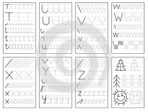 Set of black and white educational pages on line for kids book. Trace alphabet letters from T to Z.