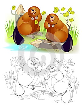 Fantasy illustration of couple cute of beavers gnawing tree trunk. Colorful and black and white page for coloring book for kids. photo