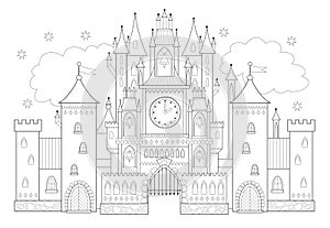 Fantasy drawing of medieval Gothic castle in Western Europe. Fairyland kingdom. Black and white page for coloring book.