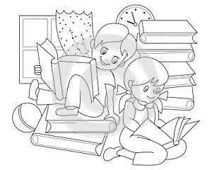 Black and white page for baby coloring book. Drawing of little boy and girl reading the books and fairy tales.