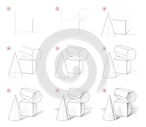 How to draw step-wise sketch of still life with geometric shapes. Creation step by step pencil drawing. Educational page.