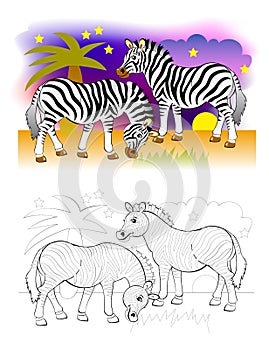 Two cute zebras in African desert. Colorful and black and white page for coloring book for kids.