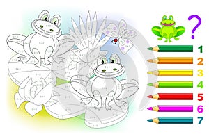 Math education for children. Coloring book. Mathematical exercises on addition and subtraction. Solve examples and paint frogs. photo