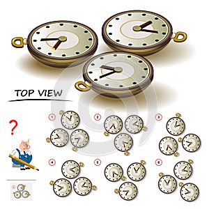 Logic puzzle game for children and adults. Need to find correct top view of watch. Printable page for brain teaser book. photo