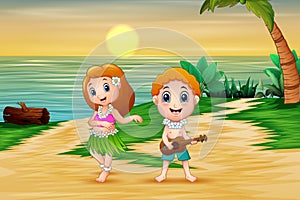 Boy playing guitar and hawaiian girl hula dancing at seaside