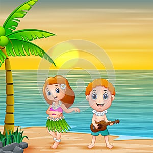 Boy playing guitar and hawaiian girl hula dancing at sunset