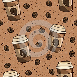 Plastig mugs and coffee beans with liquid splash on the background. Seamless pattern of caffeine, caffee latte mocha on a cup illu photo