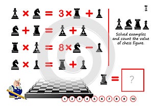 Logical puzzle game for children and adults. Can you solve examples? Count the value of chess figure. photo